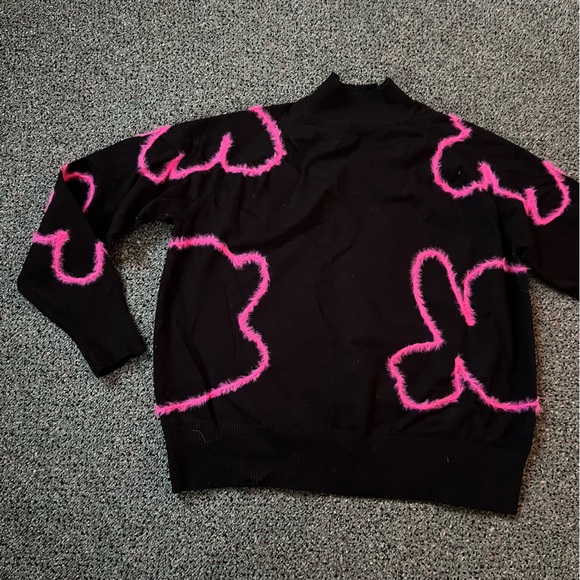 Modest Black Pink Flower Embroidered Mohair Design Mockneck Long-Sleeve Sweater - Picture 8 of 13